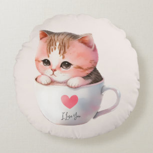 Coussins Ronds Chat blanc-rose mignonne dans une tasse de thé (2)