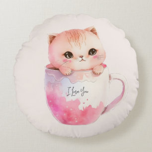 Coussins Ronds Chat blanc-rose mignonne dans une tasse de thé (2)