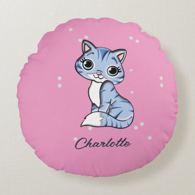 Coussins Ronds Chat bleu mignon sur nom personnalisé rose (Devant)