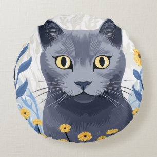 Coussins Ronds Chat Bleu Russe Fleurs Jaunes