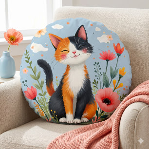 Coussins Ronds Chat calicot souriant dans un jardin en fleurs