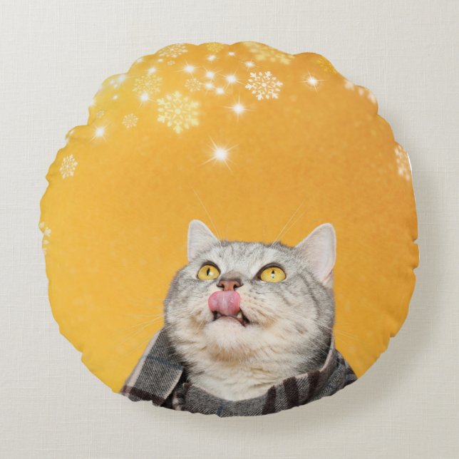 Coussins Ronds Chat Capture Snowflakes Hiver Tour Jeu d'oreiller (Devant)
