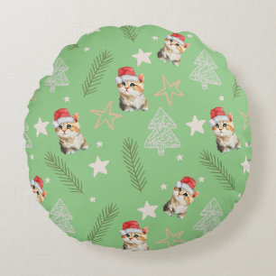 Coussins Ronds Chat chaton chaton couleur vert Père Noël Joyeux N