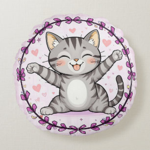 Coussins Ronds Chat de dessin animé heureux Style d'illustration