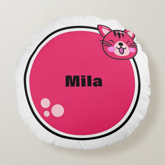Coussins Ronds Chat de dessin animé mignon forme circulaire rose (Devant)