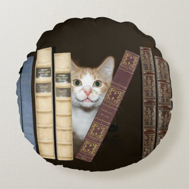 Coussins Ronds Chat de Kitty avec des livres (Devant)