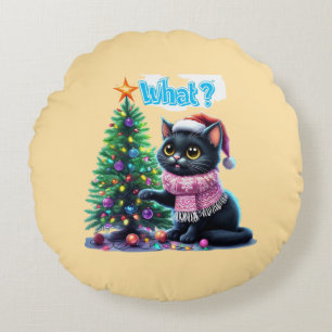 Coussins Ronds Chat de Noël amusant Avec Sticker Arbre