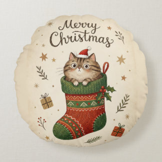 Coussins Ronds Chat de Noël dans une chaussette