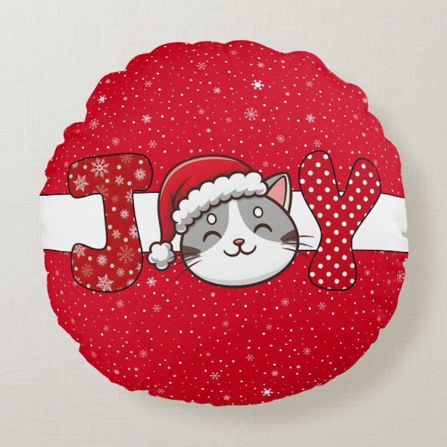 Coussins Ronds Chat de Noël "JOY" Flacon de neige blanc rouge & p (Devant)