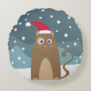 Coussins Ronds Chat de Noël mignon dans la nuit d'hiver enneigée