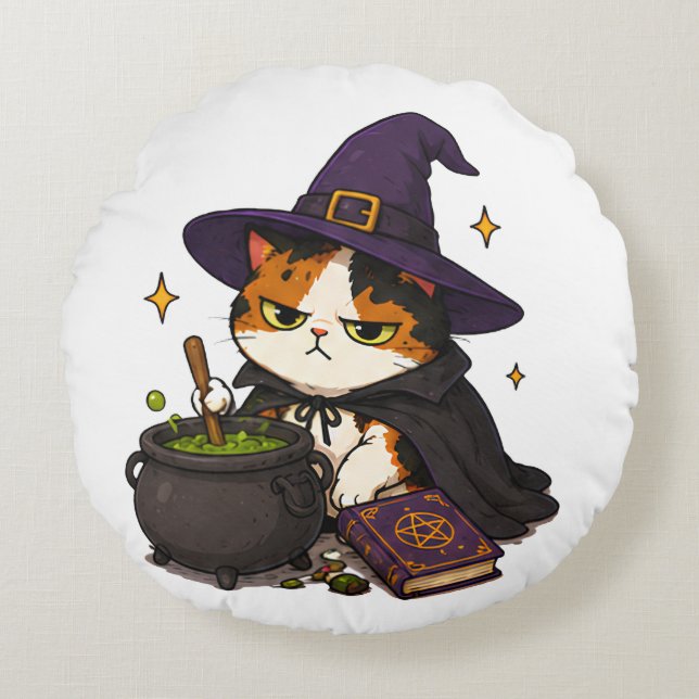 Coussins Ronds Chat de sorcière grincheux Halloween  (Devant)