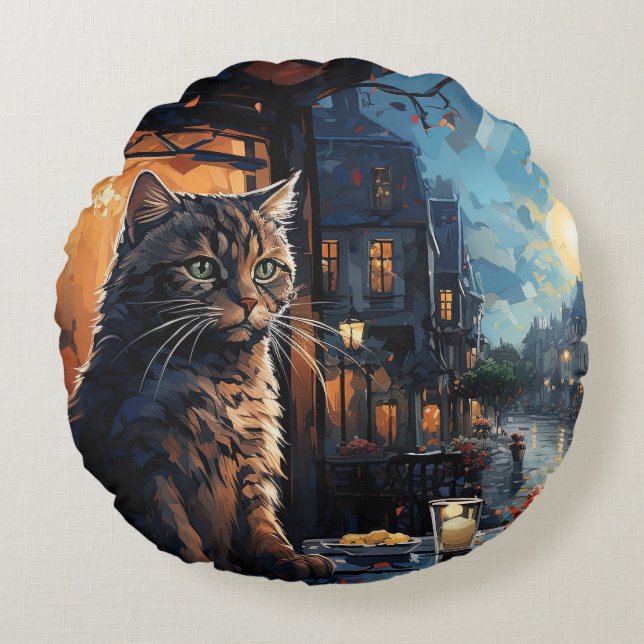 Coussins Ronds Chat et Café de nuit (Devant)