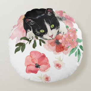 Coussins Ronds Chat et carreau rond de fleurs (16")