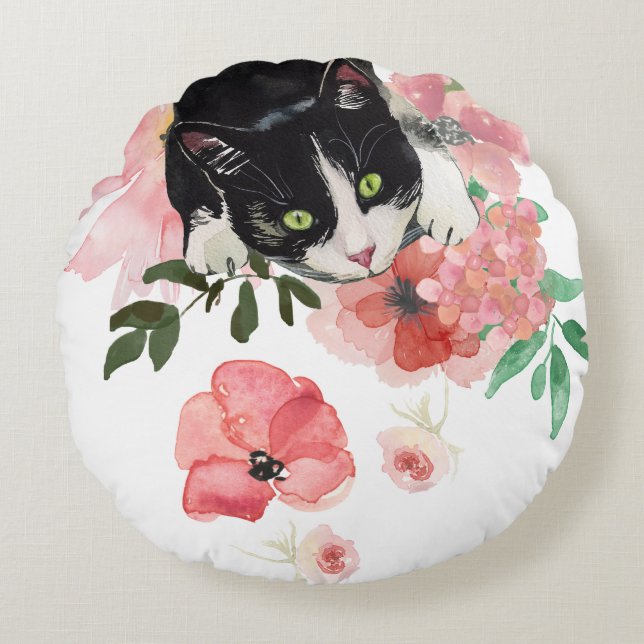 Coussins Ronds Chat et carreau rond de fleurs (16") (Devant)