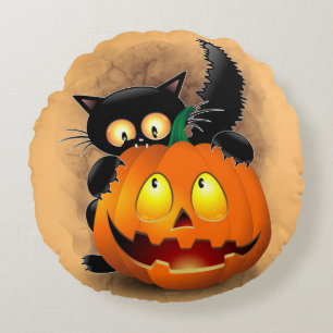 Coussins Ronds Chat Fun Halloween Caractère mordant un Citrouille
