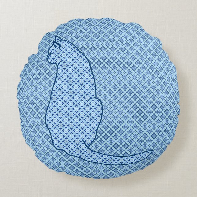 Coussins Ronds Chat japonais - Kimono bleu (Devant)