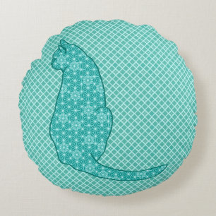 Coussins Ronds Chat japonais - Kimono turquoise
