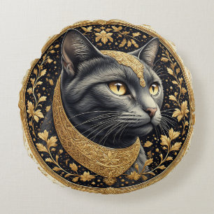 Coussins Ronds Chat majestueux avec des détails floraux dorés orn