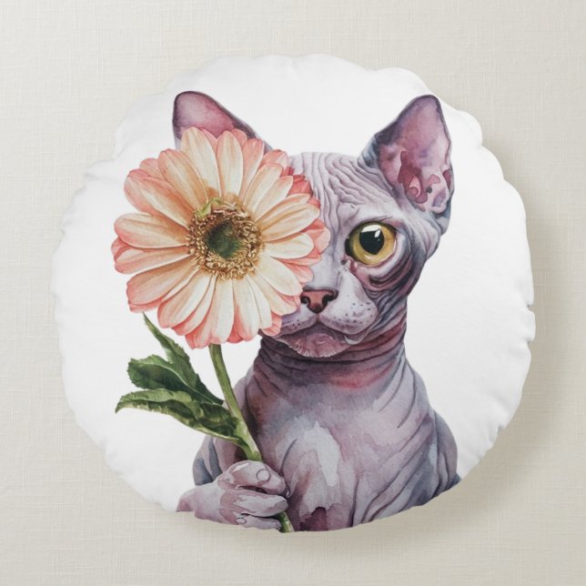 Coussins Ronds Chat mignon avec grande fleur| Chat Sphynx adorabl (Devant)