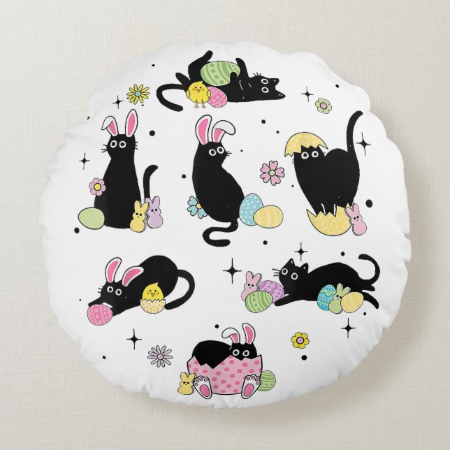 Coussins Ronds Chat noir avec œufs de lapin (Devant)
