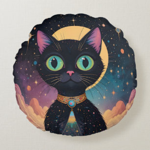 Coussins Ronds Chat noir cosmique futuriste atomique au clair de