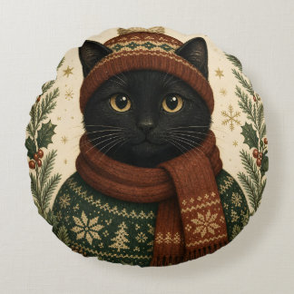 Coussins Ronds Chat noir de Noël vintage