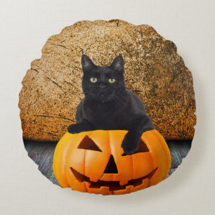 Coussins Ronds Chat noir d'Halloween sur oreiller à lancer rond C