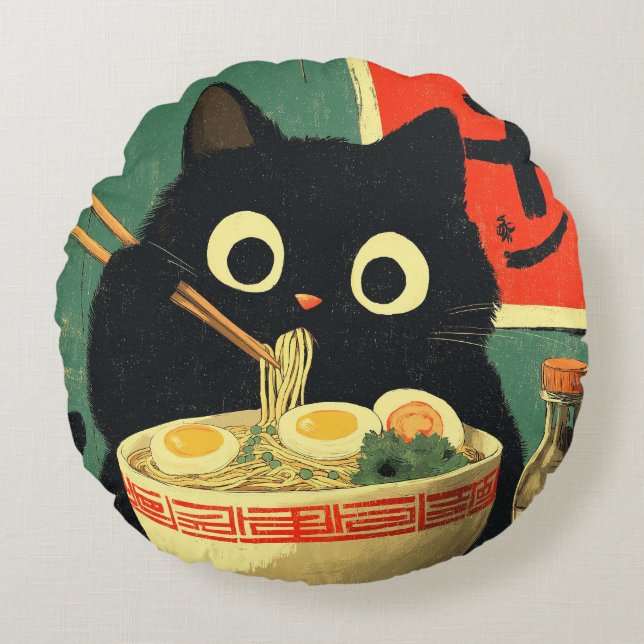 Coussins Ronds Chat noir drôle mangeant du Ramen (Devant)