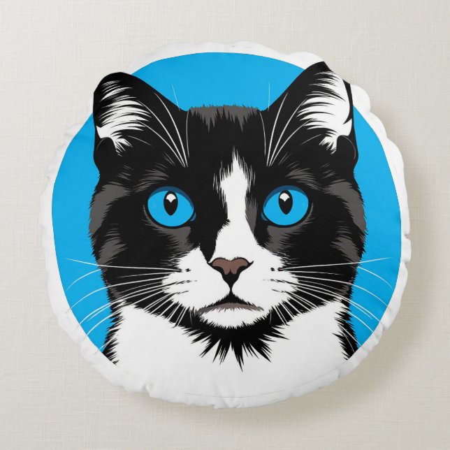 Coussins Ronds Chat noir et blanc aux yeux bleus (Devant)