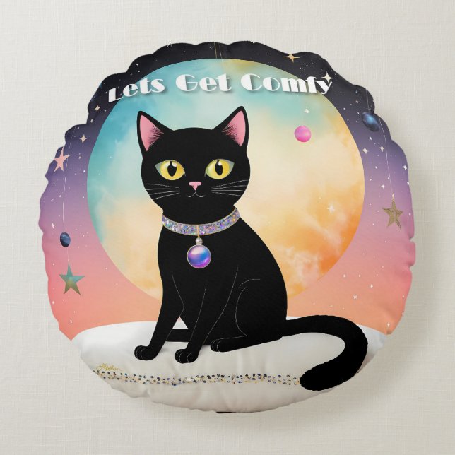 Coussins Ronds Chat Noir - Installons-Nous Confortablement (Devant)
