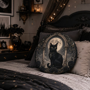 Coussins Ronds Chat noir Lune gothique Céleste Romance sombre