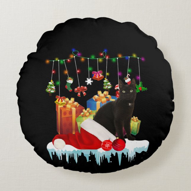 Coussins Ronds Chat Noir Présent De Mon Noël (Devant)