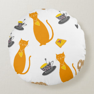 Coussins Ronds Chat orange fantaisiste et motif de tasse à thé