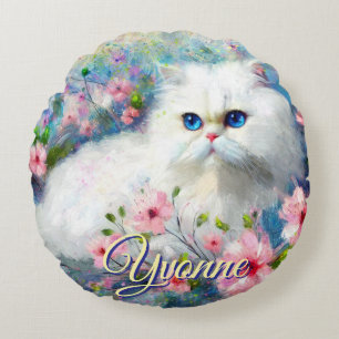 Coussins Ronds Chat Persan Yeux Bleus dans Fleurs Roses Personnal