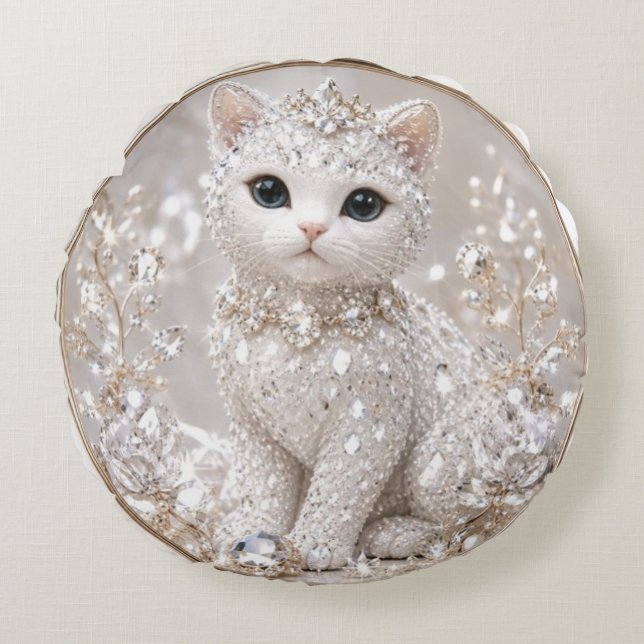 Coussins Ronds Chat Princesse Diamant Époustouflant | Luxe Élevé  (Devant)