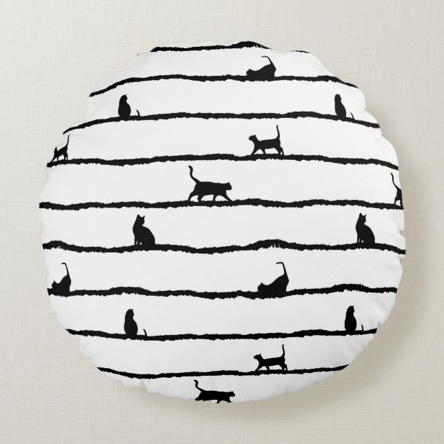 Coussins Ronds Chat Silhouette rayures Abstrait main tiré Motif (Devant)