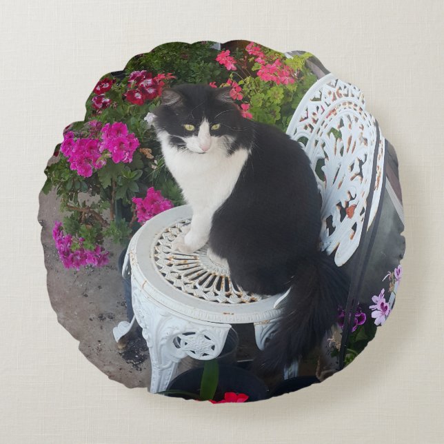 Coussins Ronds Chat smoking marron foncé rose foncé Fleurs et cha (Devant)