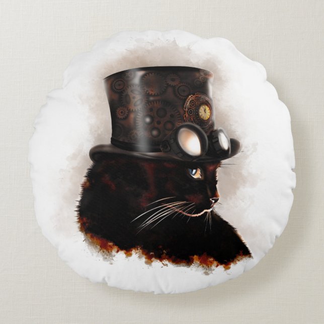 Coussins Ronds Chat steampunk (Devant)
