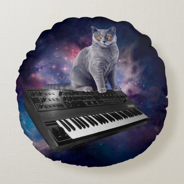 Coussins Ronds Chat sur synthétiseur dans l'espace (Devant)