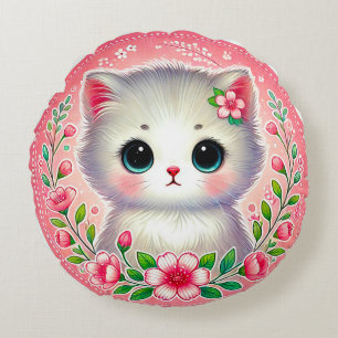 Coussins Ronds Chaton Blanc Adorable Entouré de Fleurs Roses