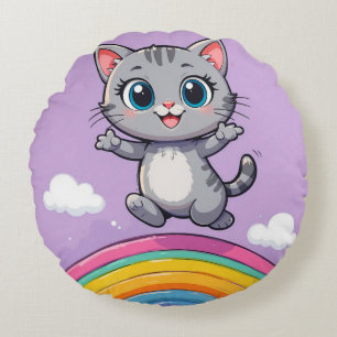Coussins Ronds Chaton de dessin animé adorable sautant joyeusemen