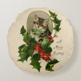 Coussins Ronds Chaton de Noël victorien au milieu du houx antique