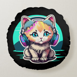 Coussins Ronds Chaton Mignon avec Écouteurs