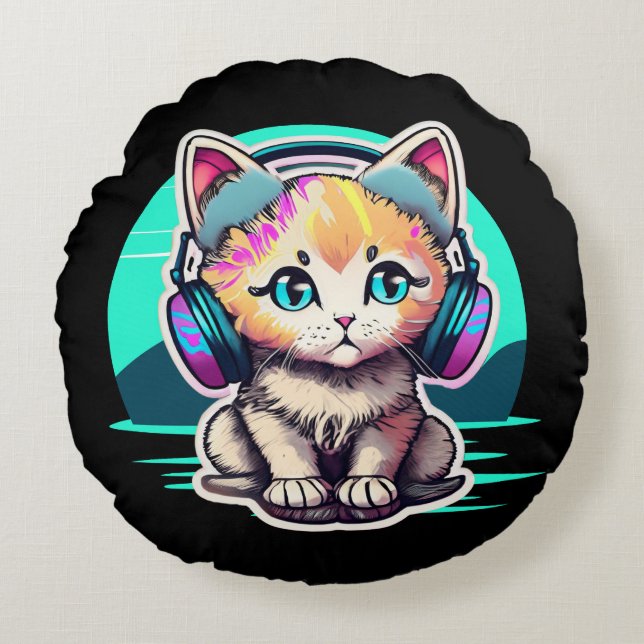 Coussins Ronds Chaton Mignon avec Écouteurs (Devant)