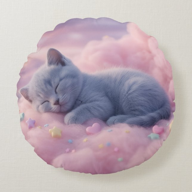 Coussins Ronds Chaton Pastel Endormi sur des Nuages Roses Douille (Devant)