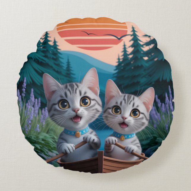 Coussins Ronds « Chatons aventureux au coucher du soleil – Chat m (Devant)