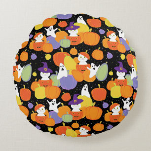 Coussins Ronds Chats citrouille d'Halloween et fantômes colorés