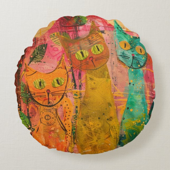 Coussins Ronds Chats d'aquarelle de Boho - Art de la féline terre (Devant)
