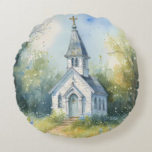 Coussins Ronds Chemin rustique d'église dans une prairie de fleur