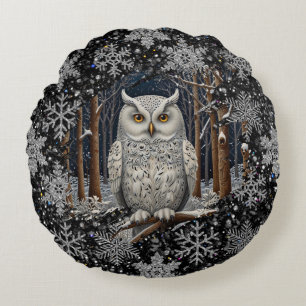 Coussins Ronds Chêne de Noël élégant hibou forêt hivernale blanch